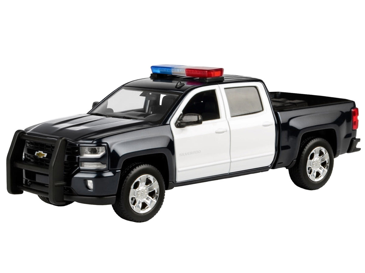 2017 Chevrolet Silverado 1500 LT Z71 Crew Cab Pickup Truck Black and White with Flashing Light Bar and Front and Rear Lights and Sounds 1/24-1/27 Diecast Model Car by Motormax