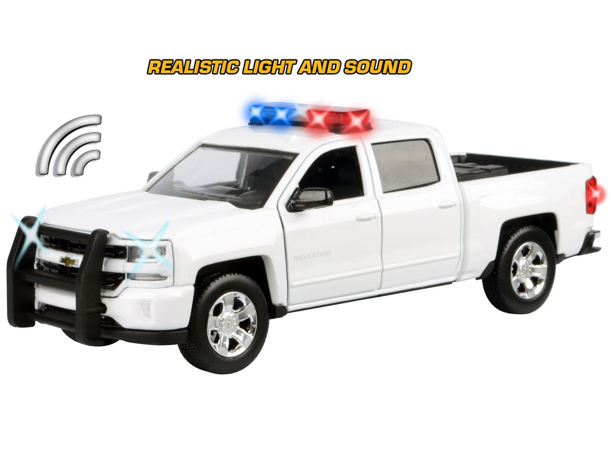 2017 Chevrolet Silverado 1500 LT Z71 Crew Cab Pickup Truck White with Flashing Light Bar and Front and Rear Lights and Sounds 1/24-1/27 Diecast Model Car by Motormax
