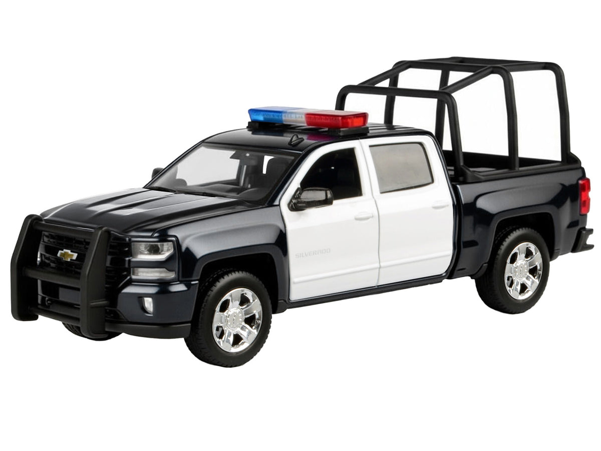 2017 Chevrolet Silverado 1500 LT Z71 Crew Cab Pickup Truck with Bed Cage Black and White with Flashing Light Bar and Front and Rear Lights and Sounds 1/24-1/27 Diecast Model Car by Motormax