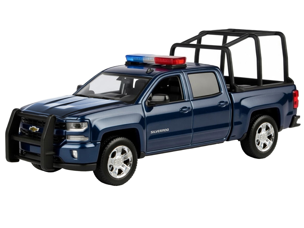 2017 Chevrolet Silverado 1500 LT Z71 Crew Cab Pickup Truck with Bed Cage Dark Blue with Flashing Light Bar and Front and Rear Lights and Sounds 1/24-1/27 Diecast Model Car by Motormax