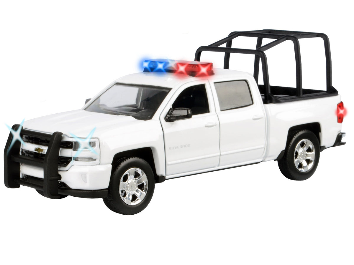 2017 Chevrolet Silverado 1500 LT Z71 Crew Cab Pickup Truck with White with Flashing Light Bar and Front and Rear Lights and Sounds 1/24-1/27 Diecast Model Car by Motormax