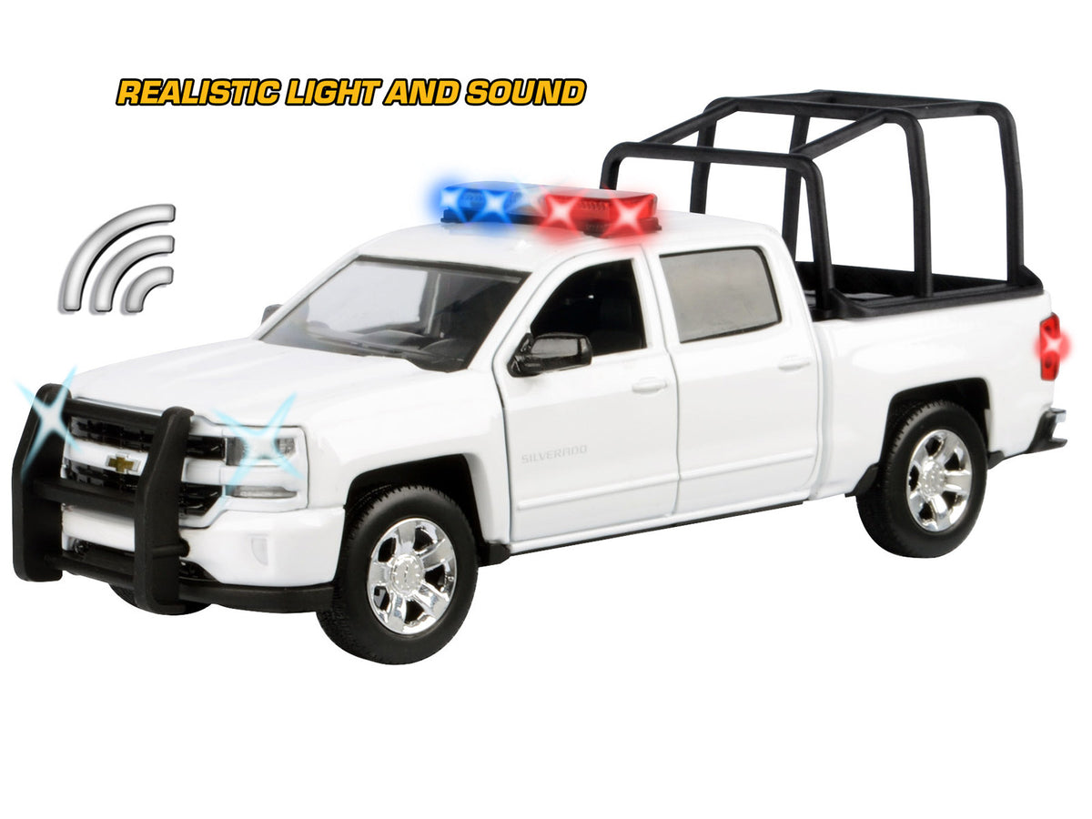 2017 Chevrolet Silverado 1500 LT Z71 Crew Cab Pickup Truck with White with Flashing Light Bar and Front and Rear Lights and Sounds 1/24-1/27 Diecast Model Car by Motormax