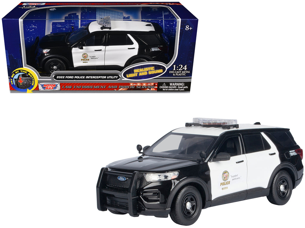 2022 Ford Police Interceptor Utility Black and White 'Los Angeles Police Department (LAPD)' with Flashing Light Bar and Front and Rear Lights and Sounds 1/24 Diecast Model Car by Motormax