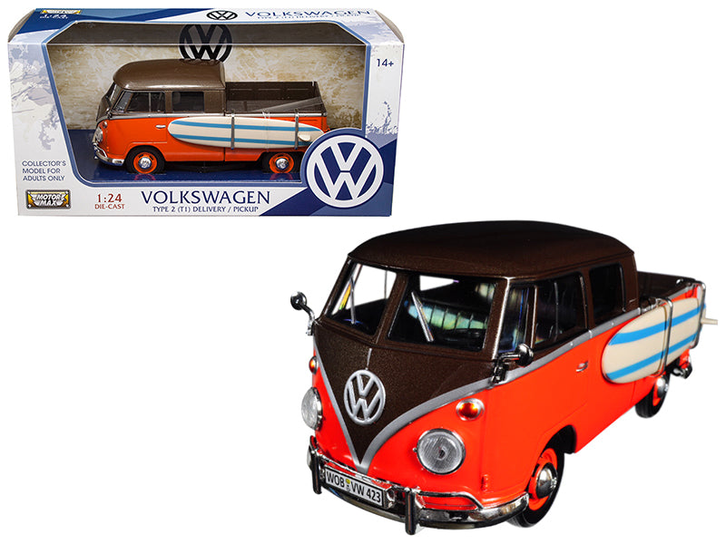 Volkswagen Type 2 (T1) Pickup with Surfboard Brown and Orange 1/24 Diecast Model Car by Motormax
