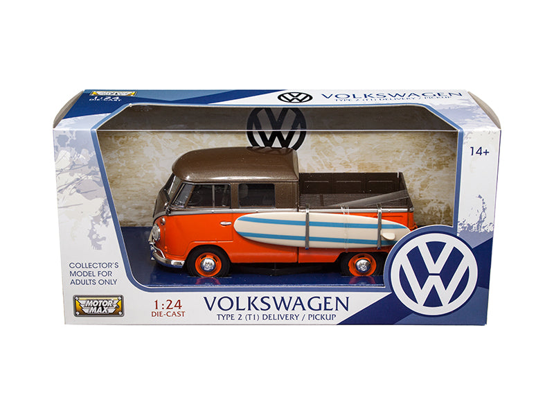 Volkswagen Type 2 (T1) Pickup with Surfboard Brown and Orange 1/24 Diecast Model Car by Motormax