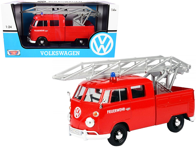 Volkswagen Type 2 (T1) Fire Truck with Aerial Ladder 'Feuerwehr' Red 1/24 Diecast Model Car by Motormax