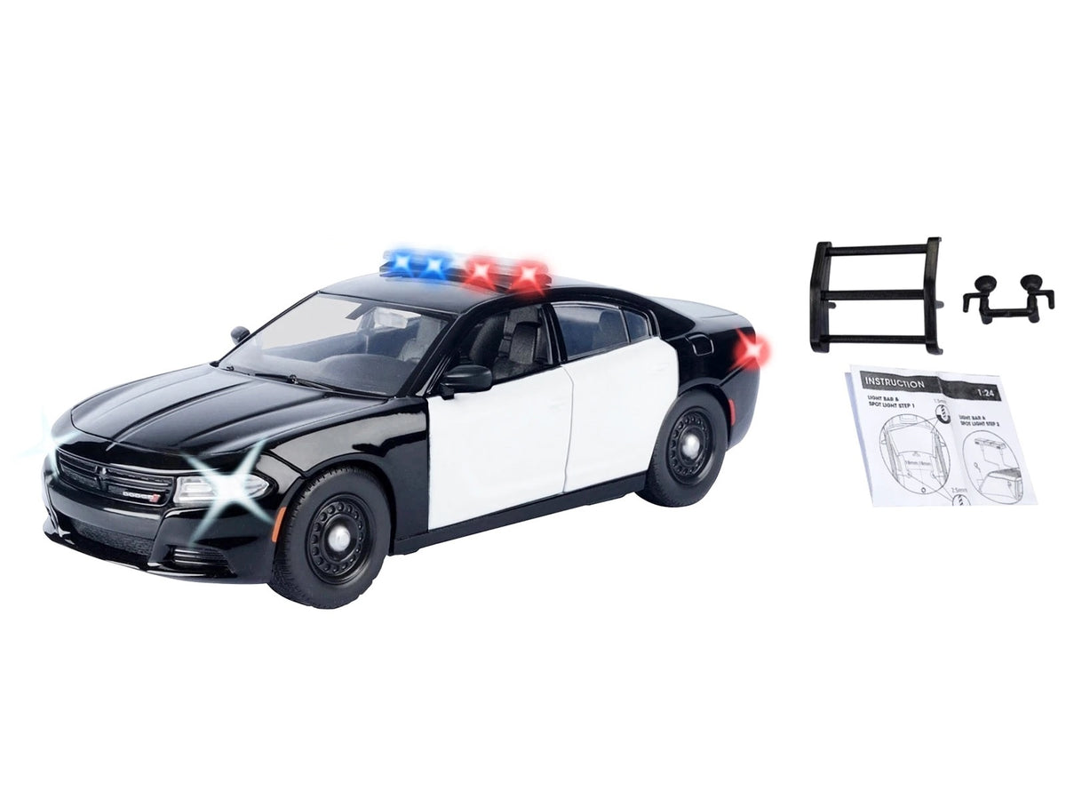 2023 Dodge Charger Pursuit Police Car Black and White with Flashing Light Bar Front and Rear Lights and 2 Sounds 'Builder's Kit' 1/24 Diecast Model Car by Motormax