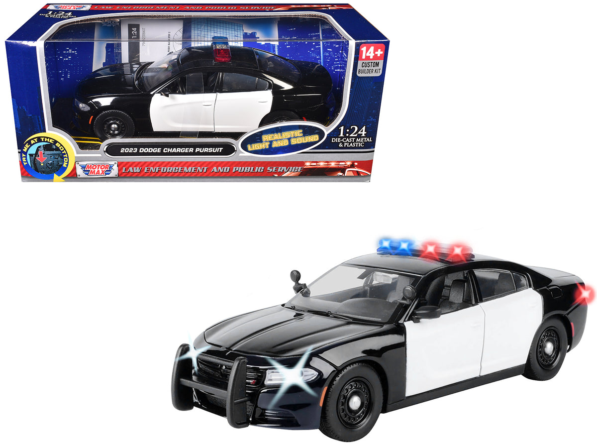 2023 Dodge Charger Pursuit Police Car Black and White with Flashing Light Bar Front and Rear Lights and 2 Sounds 'Builder's Kit' 1/24 Diecast Model Car by Motormax