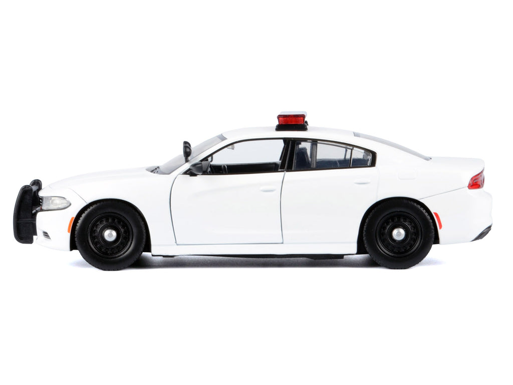 2023 Dodge Charger Pursuit Police Car Unmarked White with Flashing Light Bar Front and Rear Lights and 2 Sounds 'Builder's Kit' 1/24 Diecast Model Car by Motormax