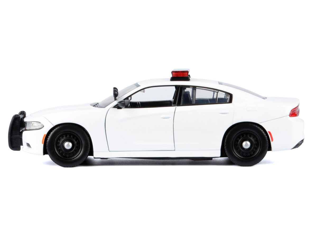 2023 Dodge Charger Pursuit Police Car Unmarked White with Flashing Light Bar Front and Rear Lights and 2 Sounds 'Builder's Kit' 1/24 Diecast Model Car by Motormax