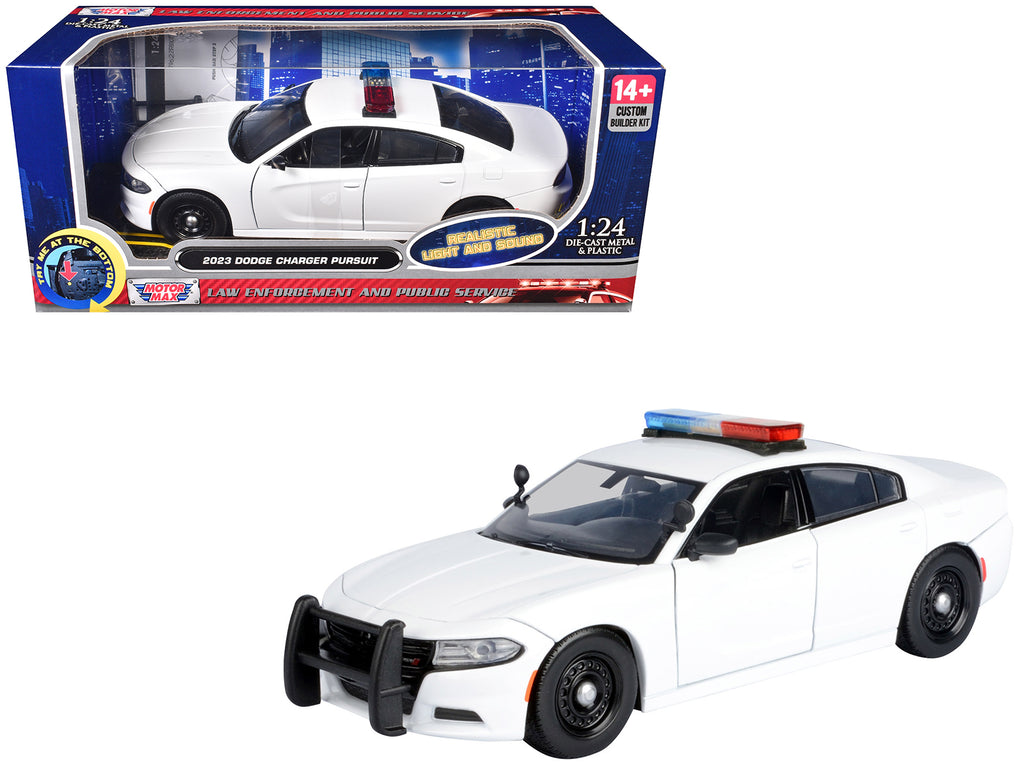 2023 Dodge Charger Pursuit Police Car Unmarked White with Flashing Light Bar Front and Rear Lights and 2 Sounds 'Builder's Kit' 1/24 Diecast Model Car by Motormax