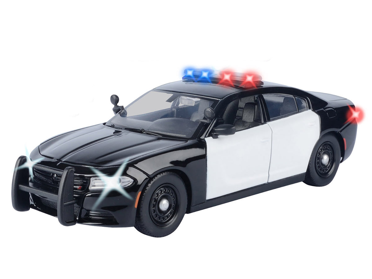 2023 Dodge Charger Pursuit Police Car Black and White with Flashing Light Bar Front and Rear Lights and 2 Sounds 'Builder's Kit' 1/24 Diecast Model Car by Motormax