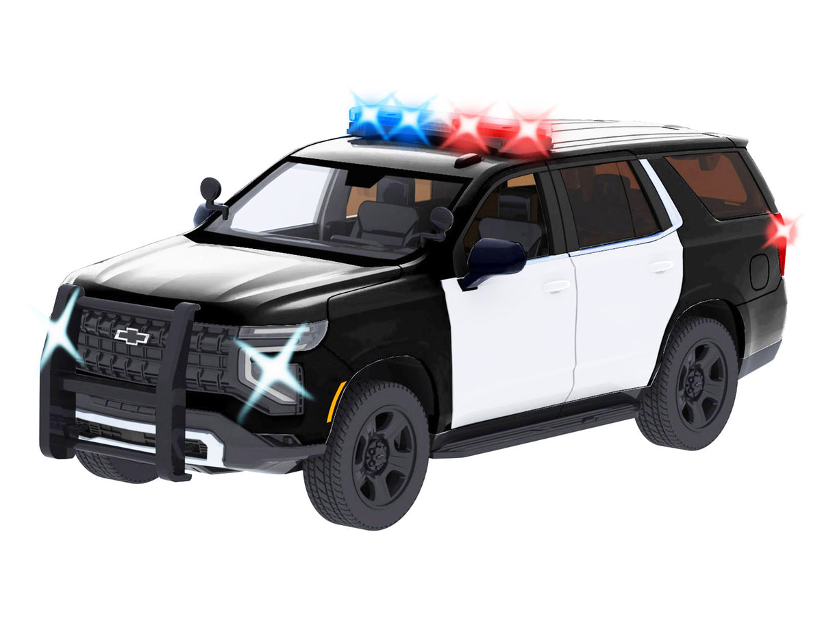 2025 Chevrolet Tahoe PPV Black and White 'Builder's Kit' with Flashing Light Bar and Front and Rear Lights and Sounds 1/24 Diecast Model Car by Motormax