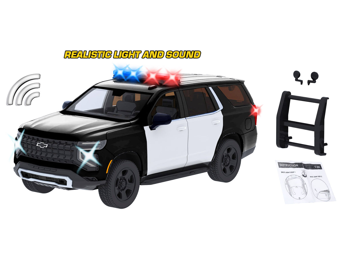 2025 Chevrolet Tahoe PPV Black and White 'Builder's Kit' with Flashing Light Bar and Front and Rear Lights and Sounds 1/24 Diecast Model Car by Motormax