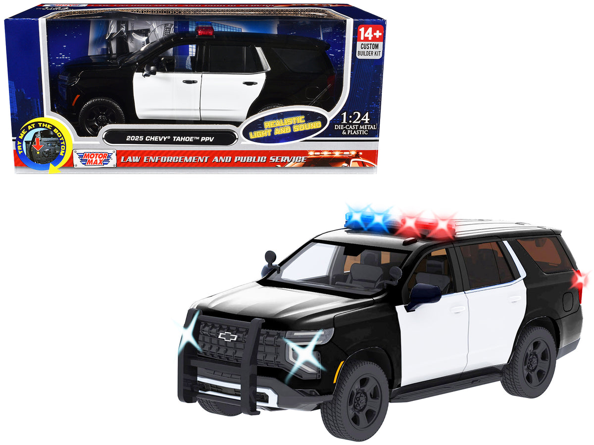 2025 Chevrolet Tahoe PPV Black and White 'Builder's Kit' with Flashing Light Bar and Front and Rear Lights and Sounds 1/24 Diecast Model Car by Motormax