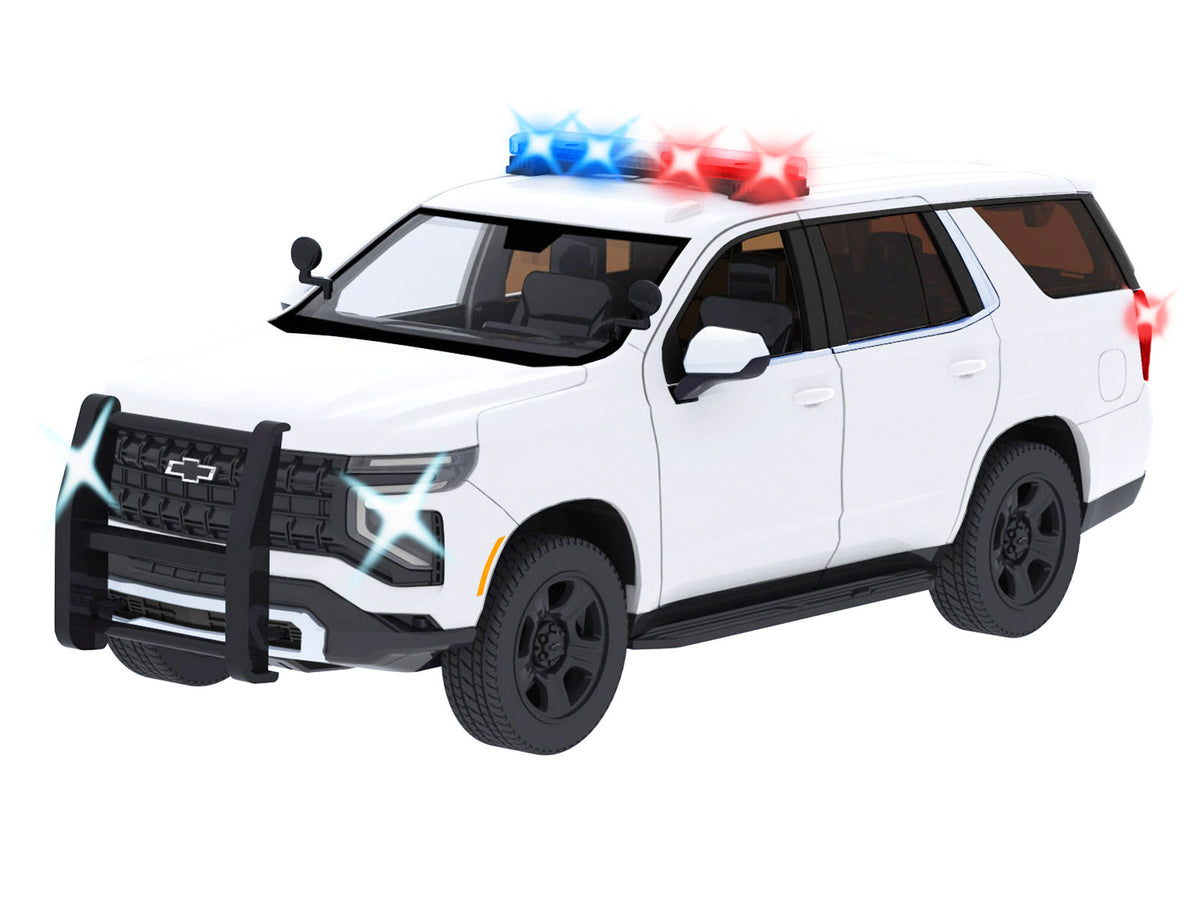 2025 Chevrolet Tahoe PPV White 'Builder's Kit' with Flashing Light Bar and Front and Rear Lights and Sounds 1/24 Diecast Model Car by Motormax