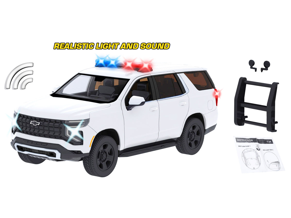 2025 Chevrolet Tahoe PPV White 'Builder's Kit' with Flashing Light Bar and Front and Rear Lights and Sounds 1/24 Diecast Model Car by Motormax