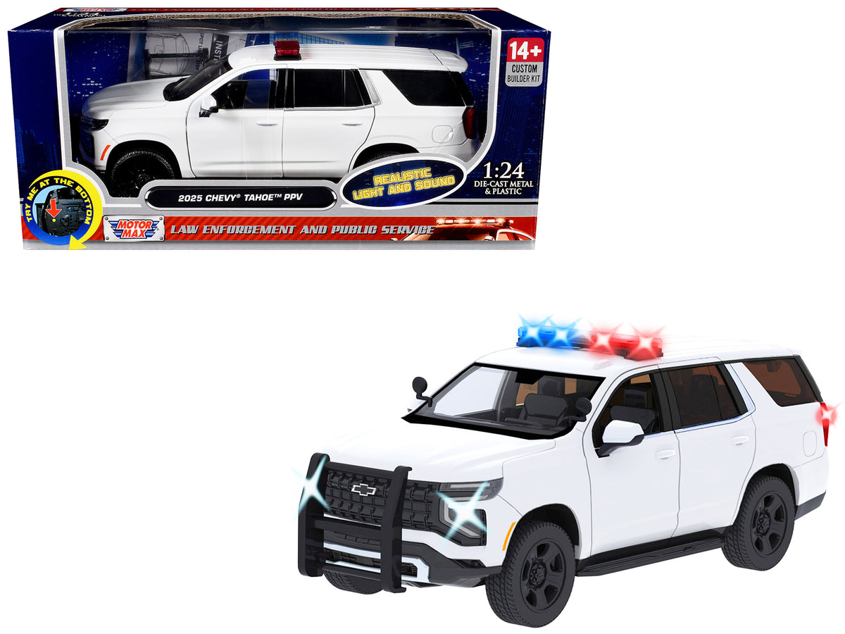 2025 Chevrolet Tahoe PPV White 'Builder's Kit' with Flashing Light Bar and Front and Rear Lights and Sounds 1/24 Diecast Model Car by Motormax