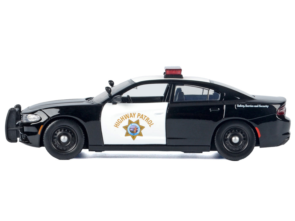 2023 Dodge Charger Pursuit Police Car 'California Highway Patrol (CHP)' Black and White with Flashing Light Bar and Front and Rear Lights and Sounds 1/24 Diecast Model Car by Motormax