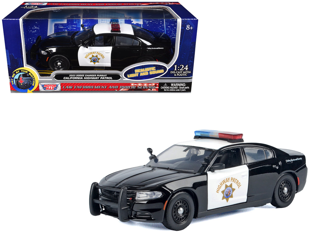 2023 Dodge Charger Pursuit Police Car 'California Highway Patrol (CHP)' Black and White with Flashing Light Bar and Front and Rear Lights and Sounds 1/24 Diecast Model Car by Motormax