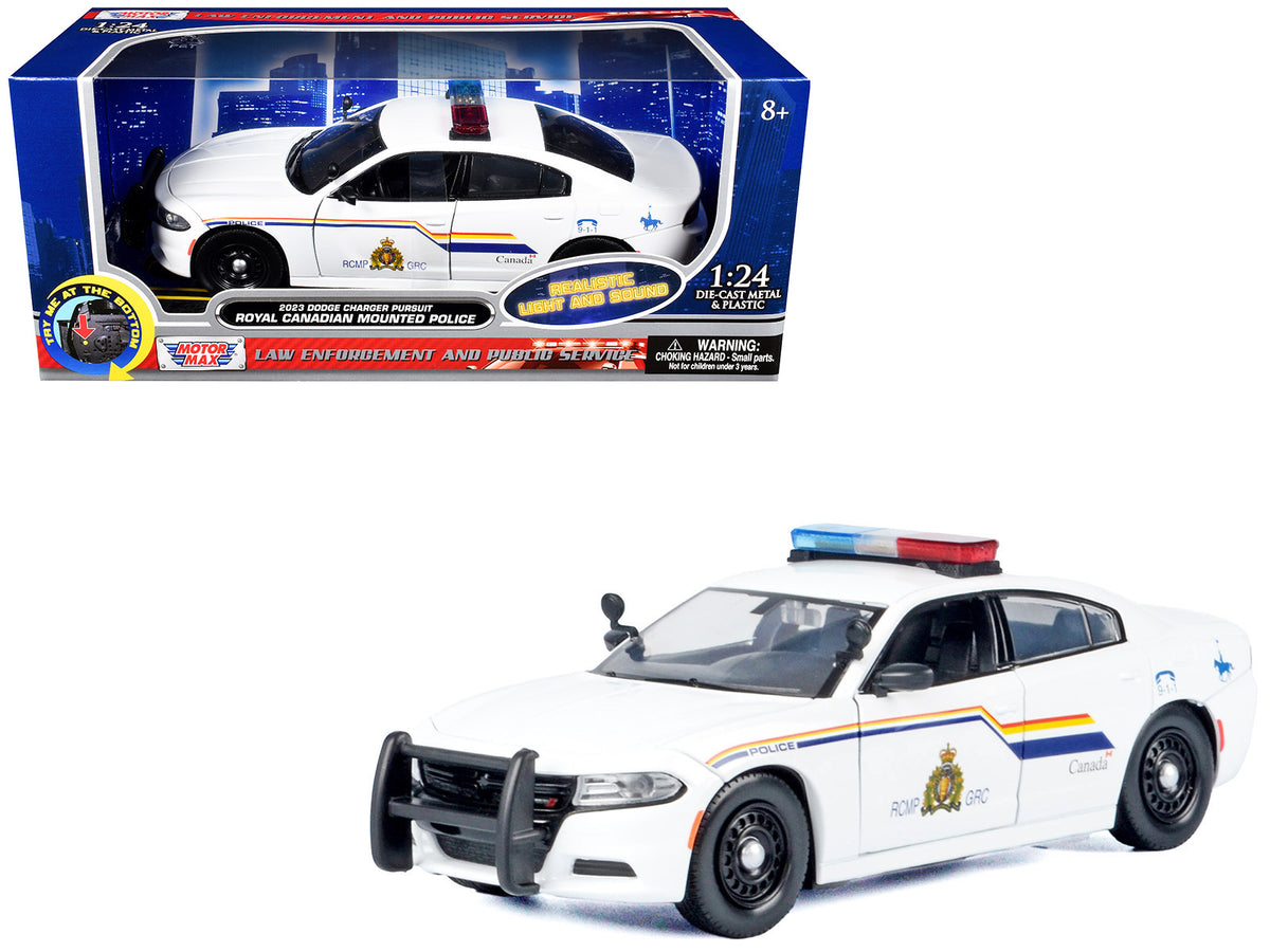 2023 Dodge Charger Pursuit Police Car 'Royal Canadian Mounted Police (RCMP)' White with Flashing Light Bar and Front and Rear Lights and Sound 1/24 Diecast Model Car by Motormax