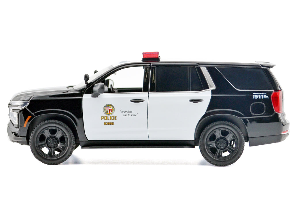 2025 Chevrolet Tahoe PPV 'LAPD (Los Angeles Police Department)' Black and White with Flashing Light Bar and Front and Rear Lights and Sounds 1/24 Diecast Model Car by Motormax