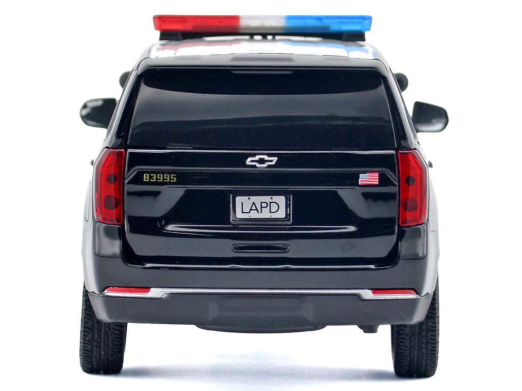 2025 Chevrolet Tahoe PPV 'LAPD (Los Angeles Police Department)' Black and White with Flashing Light Bar and Front and Rear Lights and Sounds 1/24 Diecast Model Car by Motormax