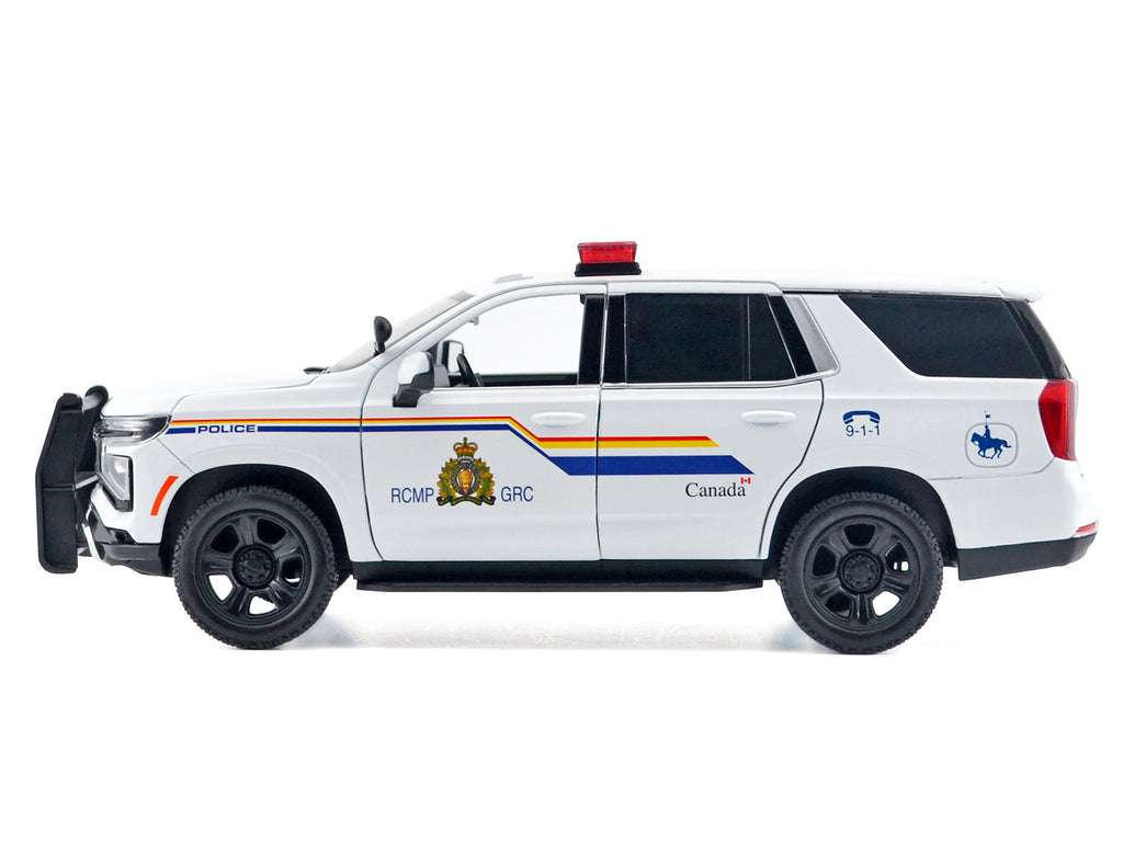 2025 Chevrolet Tahoe PPV 'RCMP (Royal Canadian Mounted Police)' White with Stripes with Flashing Light Bar and Front and Rear Lights and Sounds 1/24 Diecast Model Car by Motormax