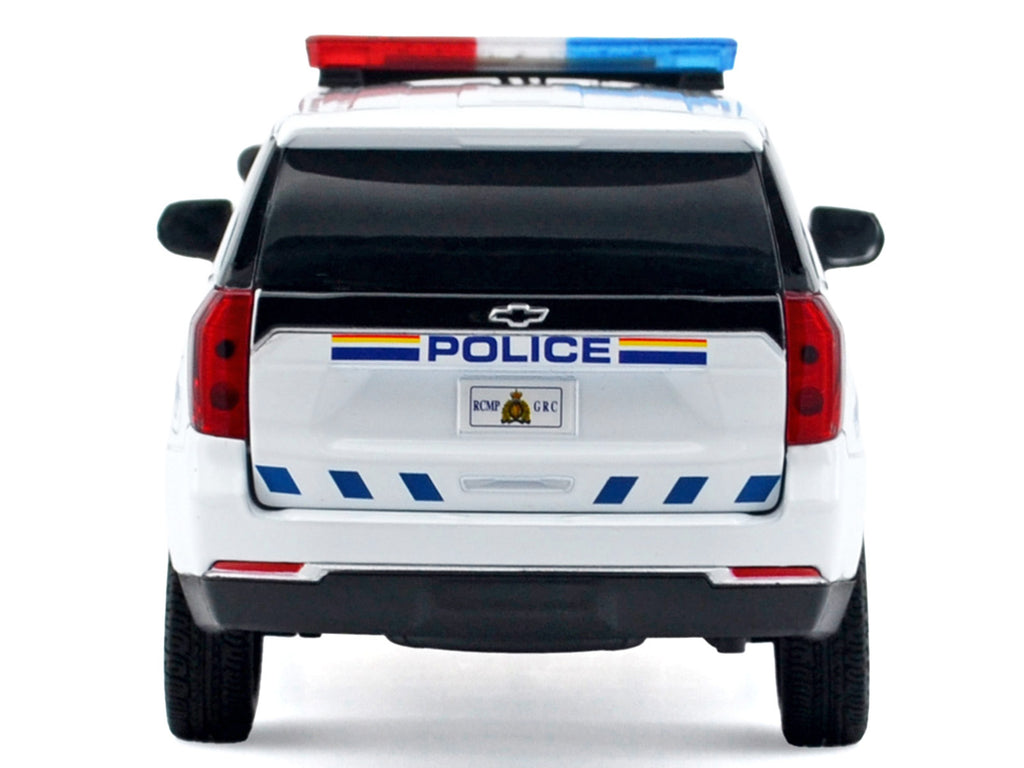 2025 Chevrolet Tahoe PPV 'RCMP (Royal Canadian Mounted Police)' White with Stripes with Flashing Light Bar and Front and Rear Lights and Sounds 1/24 Diecast Model Car by Motormax