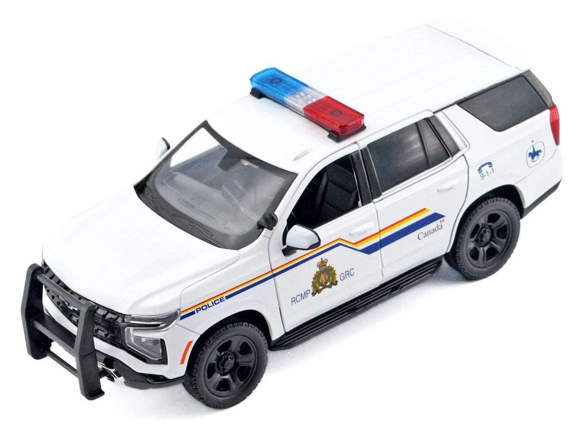 2025 Chevrolet Tahoe PPV 'RCMP (Royal Canadian Mounted Police)' White with Stripes with Flashing Light Bar and Front and Rear Lights and Sounds 1/24 Diecast Model Car by Motormax