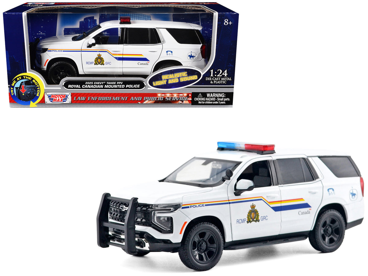 2025 Chevrolet Tahoe PPV 'RCMP (Royal Canadian Mounted Police)' White with Stripes with Flashing Light Bar and Front and Rear Lights and Sounds 1/24 Diecast Model Car by Motormax