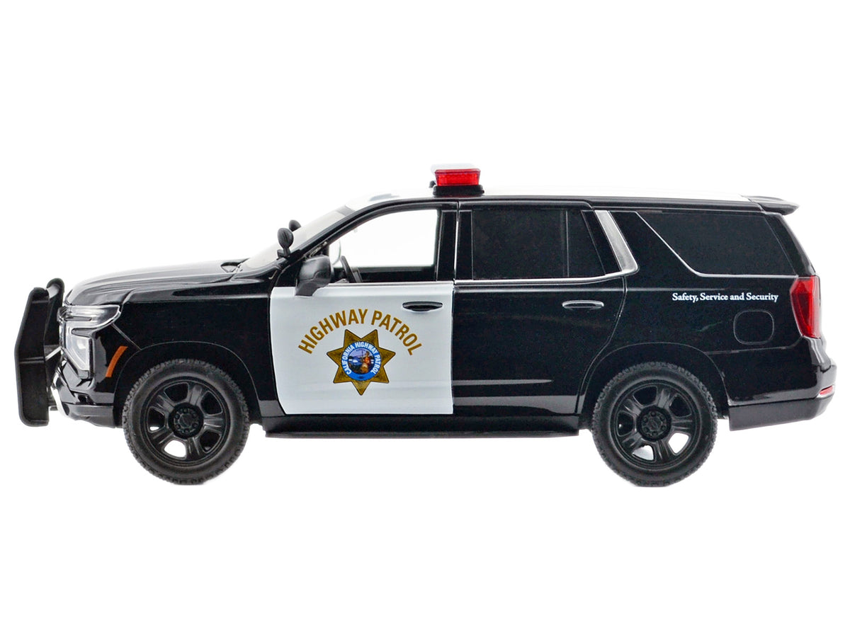 2025 Chevrolet Tahoe PPV 'CHP (California Highway Patrol)' Black and White with Flashing Light Bar and Front and Rear Lights and Sounds 1/24 Diecast Model Car by Motormax