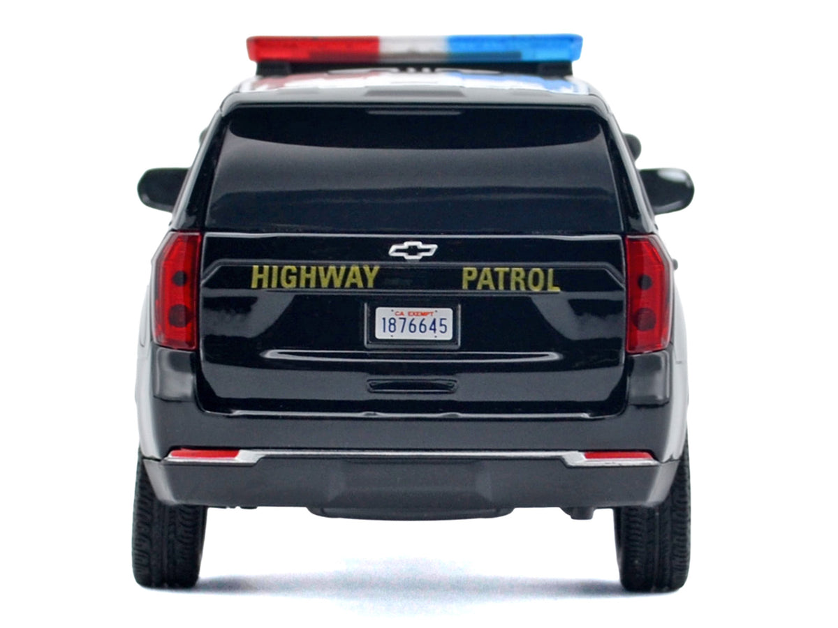 2025 Chevrolet Tahoe PPV 'CHP (California Highway Patrol)' Black and White with Flashing Light Bar and Front and Rear Lights and Sounds 1/24 Diecast Model Car by Motormax