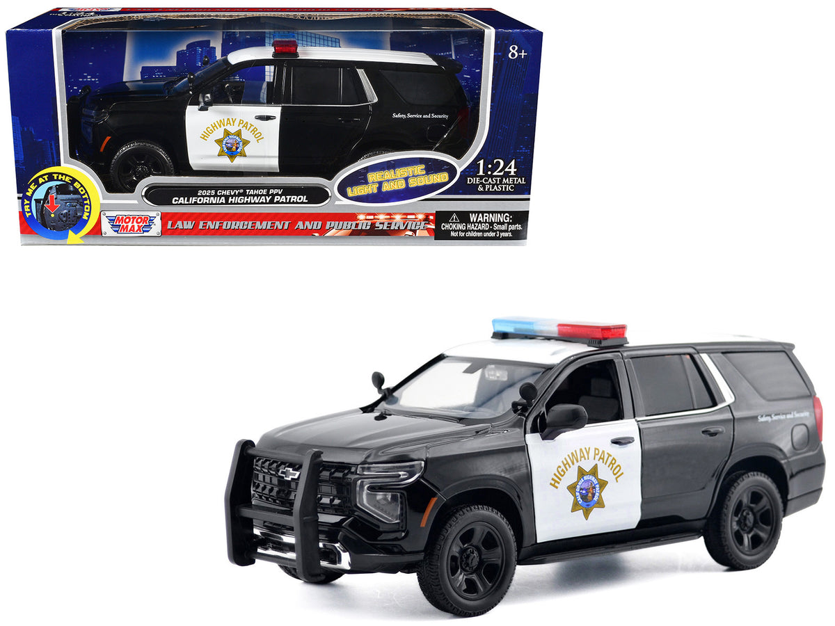 2025 Chevrolet Tahoe PPV 'CHP (California Highway Patrol)' Black and White with Flashing Light Bar and Front and Rear Lights and Sounds 1/24 Diecast Model Car by Motormax