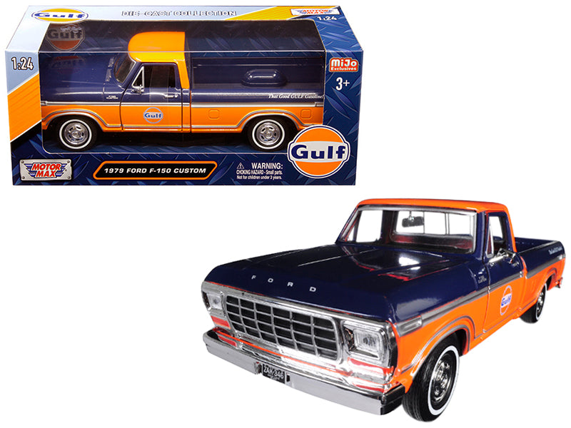 1979 Ford F-150 Custom Pickup Truck 'Gulf' Dark Blue and Orange 1/24 Diecast Model Car by Motormax
