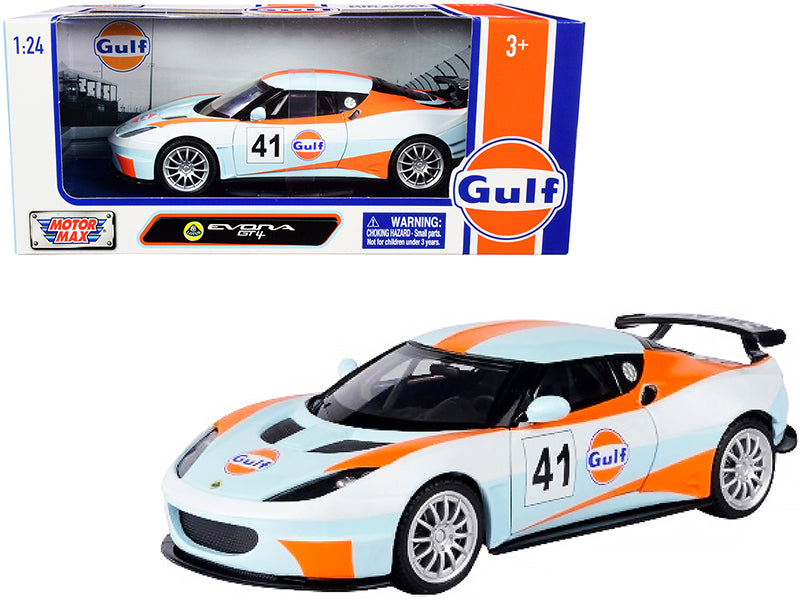 Lotus Evora GT4 #41 'Gulf Oil' Light Blue with White and Orange Stripes 1/24 Diecast Model Car by Motormax