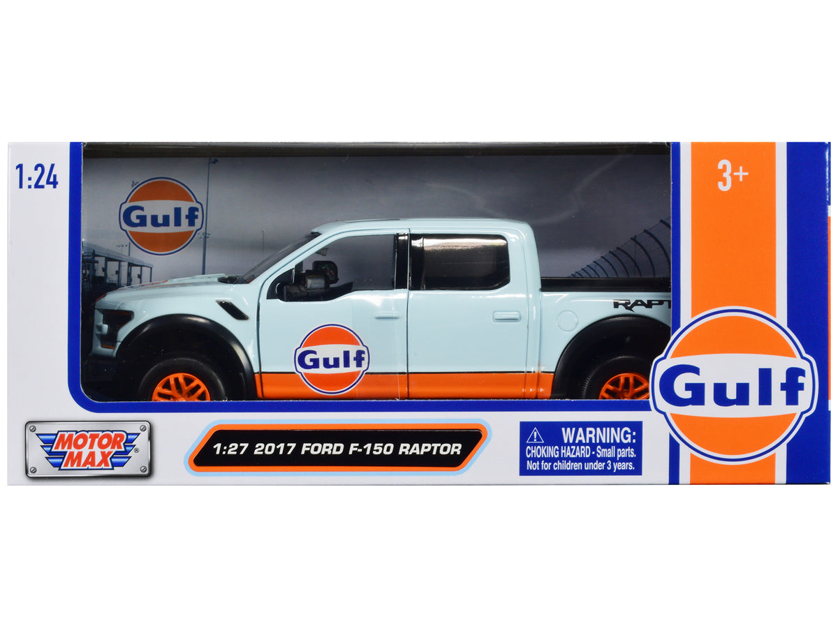 2017 Ford F-150 Raptor Pickup Truck Light Blue with Orange Stripes 'Gulf Oil' 'Gulf Die-Cast Collection' 1/24-1/27 Diecast Model Car by Motormax
