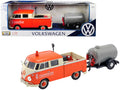 Volkswagen Type 2 (T1) Pickup Truck Orange and Cream with Oil Trailer 'Road Service' 1/24 Diecast Model Car by Motormax