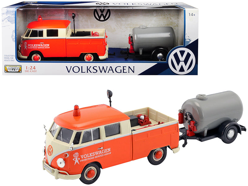 Volkswagen Type 2 (T1) Pickup Truck Orange and Cream with Oil Trailer 'Road Service' 1/24 Diecast Model Car by Motormax