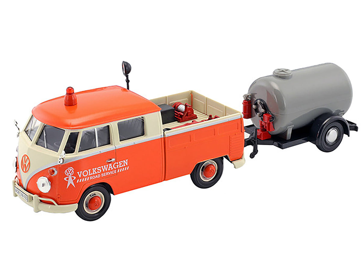 Volkswagen Type 2 (T1) Pickup Truck Orange and Cream with Oil Trailer 'Road Service' 1/24 Diecast Model Car by Motormax