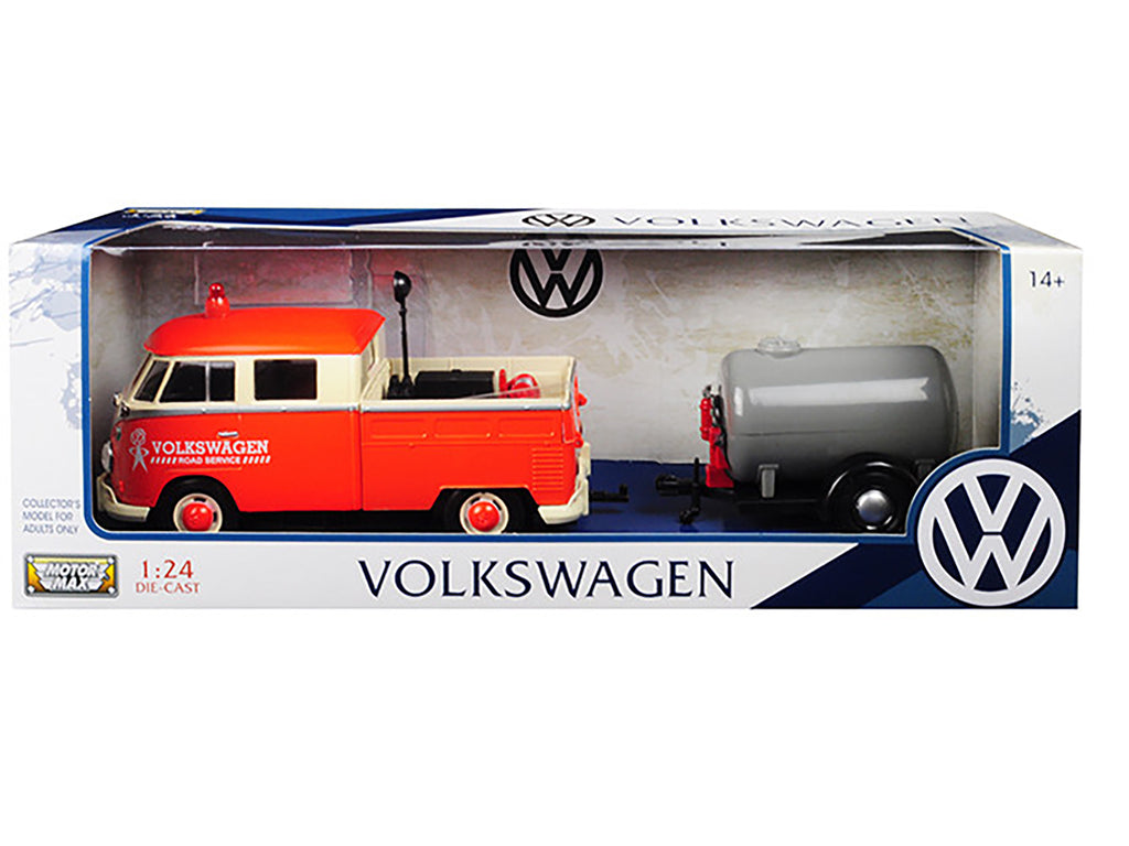 Volkswagen Type 2 (T1) Pickup Truck Orange and Cream with Oil Trailer 'Road Service' 1/24 Diecast Model Car by Motormax