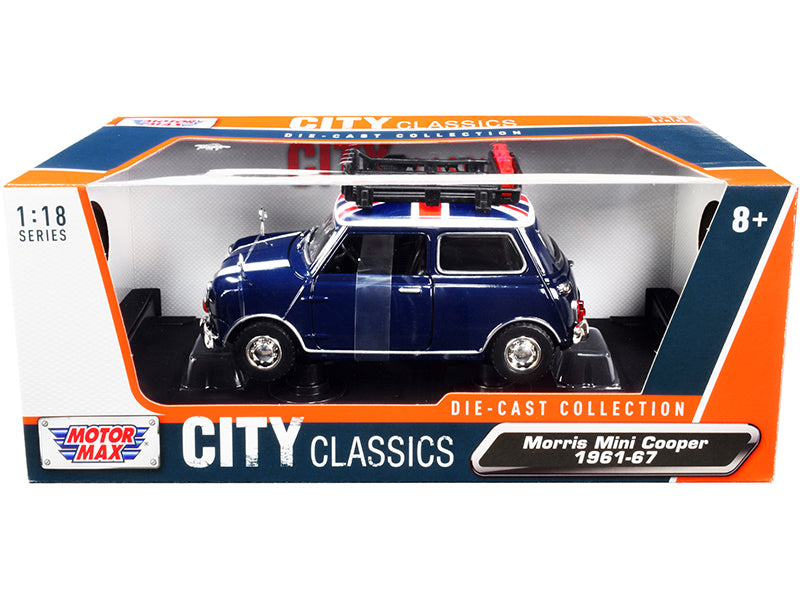1961-1967 Morris Mini Cooper RHD (Right Hand Drive) Dark Blue with British Flag on the Top and Roof Rack 'City Classics' Series 1/18 Diecast Model Car by Motormax