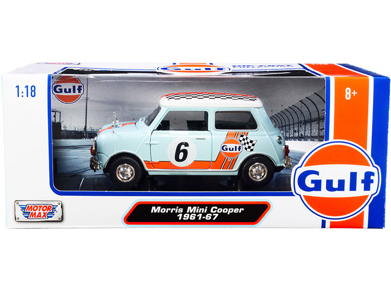 1961-1967 Morris Mini Cooper RHD (Right Hand Drive) #6 'Gulf Oil' Light Blue with Orange Stripes and Checkered Top 'City Classics' Series 1/18 Diecast Model Car by Motormax