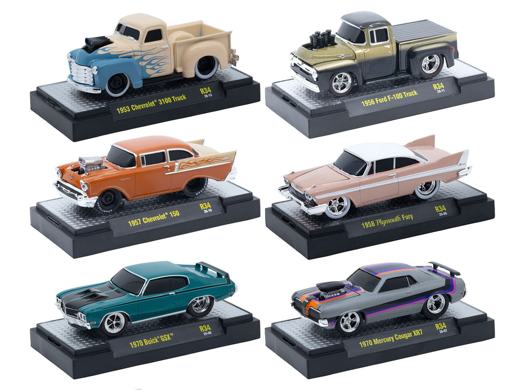 'Ground Pounders' 6 Cars Set Release #34 IN DISPLAY CASES Limited Edition 1/64 Diecast Model Cars by M2 Machines