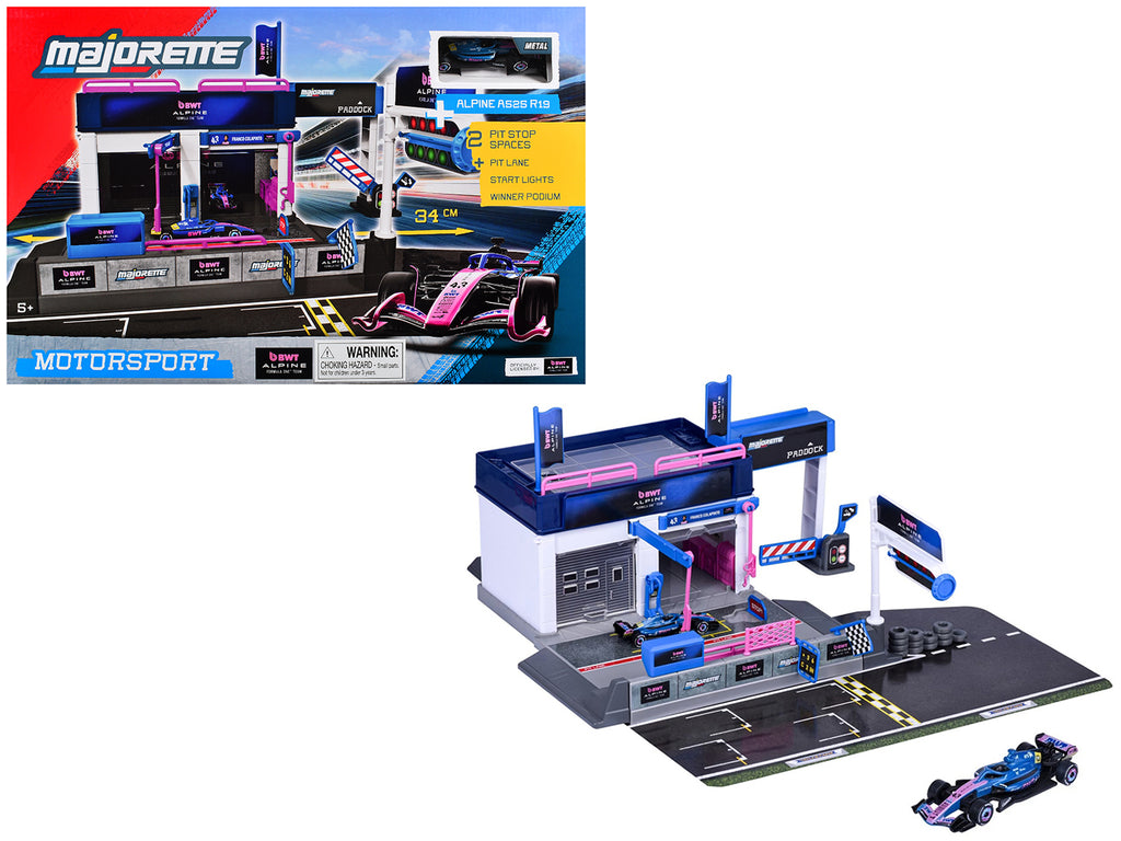 'BWT Alpine Formula One Team' (2025) Pit Stop Playset with Alpine A525 R19 1/64 Diecast Model Car by Majorette