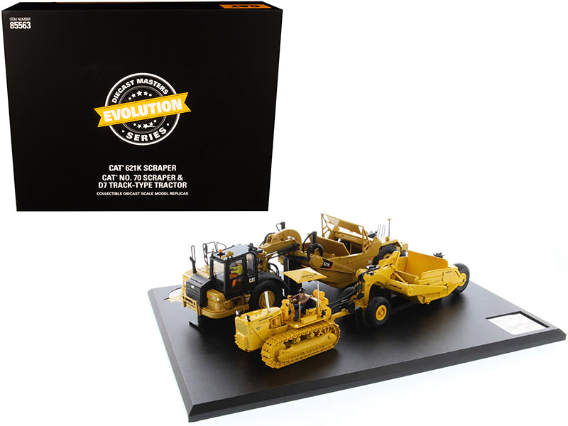 CAT Caterpillar 621K Tractor Scraper and CAT Caterpillar D7 Track-Type Tractor with No. 70 Scraper Set 'Evolution Series' 1/50 Diecast Models by Diecast Masters