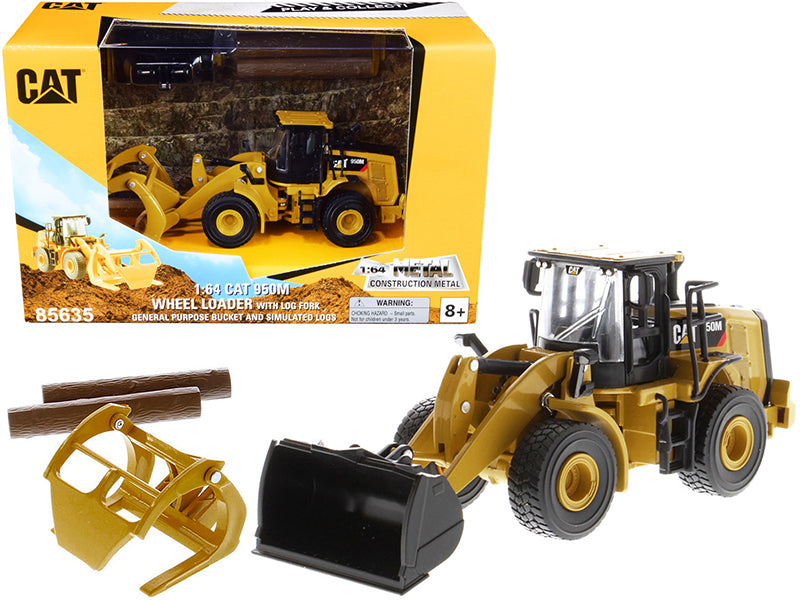 CAT Caterpillar 950M Wheel Loader with Bucket and Log Fork with Two Log Poles 'Play & Collect!' 1/64 Diecast Model by Diecast Masters