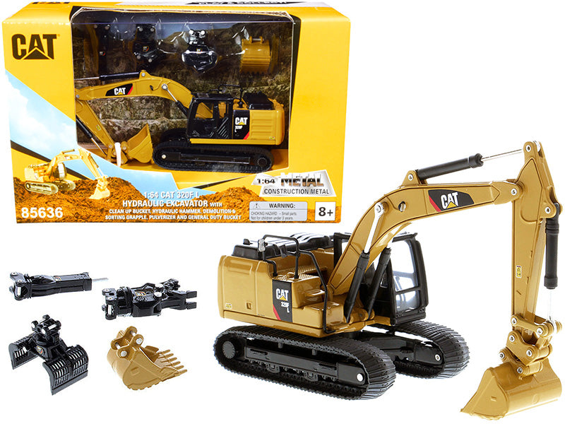 CAT Caterpillar 320F L Hydraulic Tracked Excavator with 5 Work Tools 'Play & Collect!' 1/64 Diecast Model by Diecast Masters