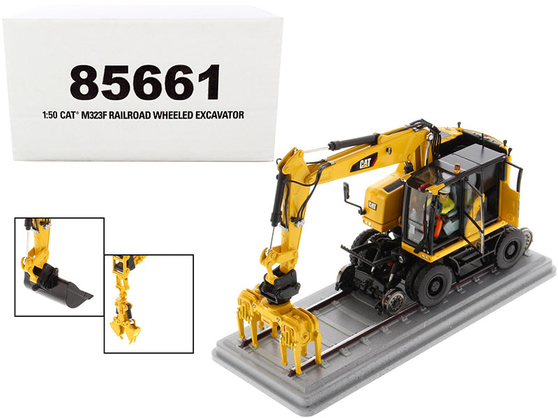 CAT Caterpillar M323F Railroad Wheeled Excavator with Operator and 3 Work Tools Safety Yellow Version 'High Line Series' 1/50 Diecast Model by Diecast Masters