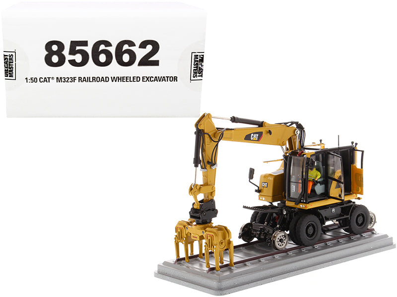 CAT Caterpillar M323F Railroad Wheeled Excavator with Operator and 3 Work Tools (CAT Yellow Version) 'High Line Series' 1/50 Diecast Model by Diecast Masters